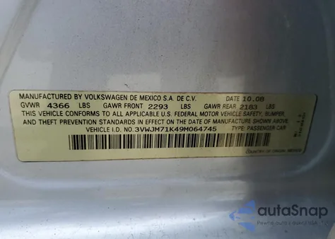 2009 Volkswagen Jetta S z USA, uszkodzony, nr VIN 3VWJM71K49M064745